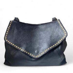 Garnet Hill Black Leather Gold Studded Shoulder Bag